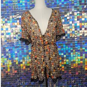 Studio 1940 Tunic Top Womens 18/20W Brown Orange Retro Sheer Lace Excellent